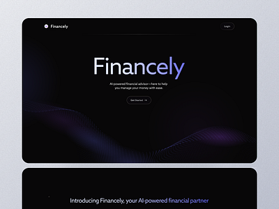 Financely - Finance AI Landing Page ai dark dark mode design figma finance glassmorphism gradient money pos purple ui website