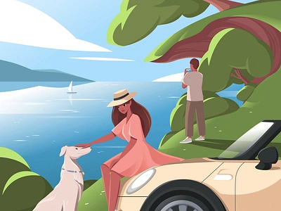 A piece of summer 2danimation adobeillustrator animation artwork car dog flatillustration illustration illustrator landscape minicooper nature summer vectorart vectorillustration woman