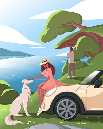 A piece of summer 2danimation adobeillustrator animation artwork car dog flatillustration illustration illustrator landscape minicooper nature summer vectorart vectorillustration woman