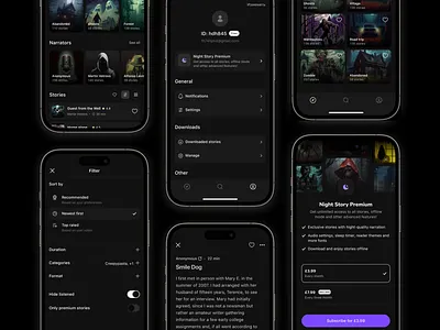 Creepy Stories — short novels platform dark feed filter halloween mobile music profile reader ui