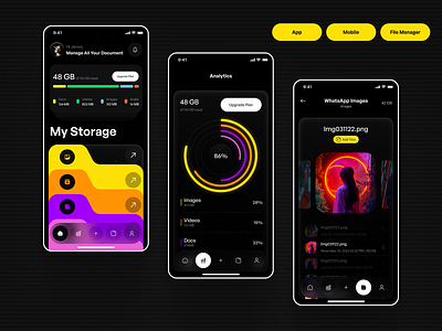 File Manager App android app clean cloud storage doc document drive app dropbox file manager files images ios design mobile design storage storage app ui ui ux videos
