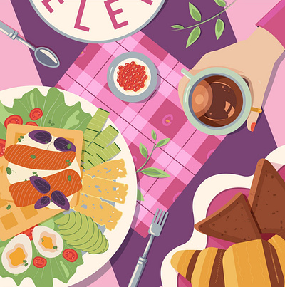 Breakfast illustration for Eggselent adobe adobe illustrator breakfast breakfast illustration coffee design food food illustration illustration pink colors table top view vector vector illustration