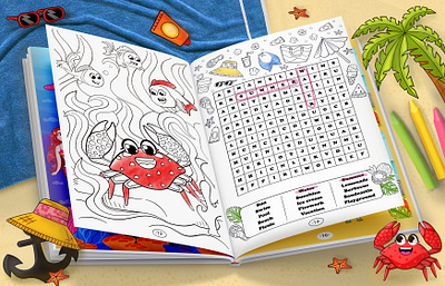 Summer Activity Book for Kids 2d activity animals book cartoon character children`s book coloring page creative cute fun illustration summer vector word search workbook worksheet