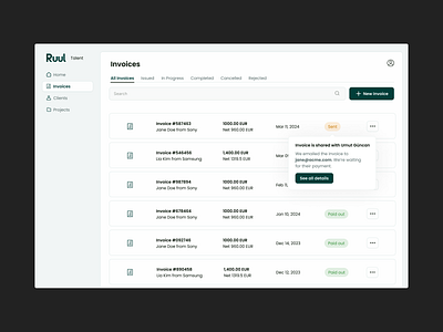 #30 - Ruul Invoices List app dashboard desktop finance fintech invoice list redesign saas startup status tooltip ui ux web design