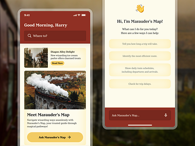 Harry Potter Universe POC: Navigating with Marauder’s Map (1) branding chat conversation chatbot commute genai harry potter mobile transporation travel travel assistant trip planning ui ux