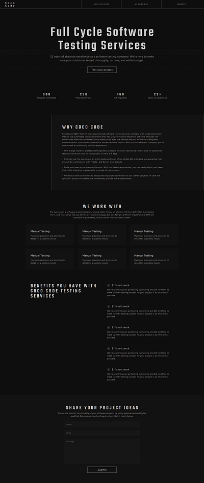 Landing page for a software testing company carrd dark design landing page