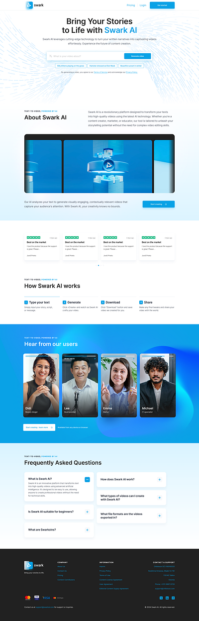 Swark AI: Text-To-Video Service ai design graphic design minimalism ui ux