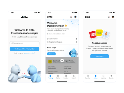 [Projects] → Ditto Customer Dashboard 📱 app bottom sheet dashboard empty state insurance login screen mobile design ui web app