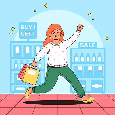 Happy shopping cartoon character colorful cute design discount girl graphic design happy illustration sale shop shopping smile vector women