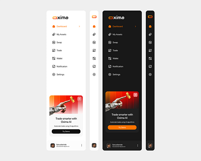 Web3 Sidebar Navigations ai blockchain branding crypto dark mode design finance graphic design illustration logo minimal navigation side navigations trading transactions ui uiux ux web 3