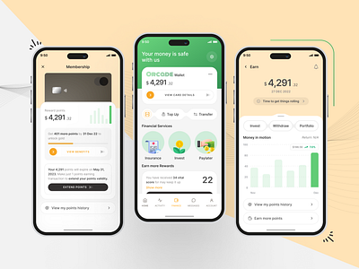 Finance & Groceries Order App earn financial services groceries insurance invest ios app membership mobile app portfolio return reward points rewards ui withdraw