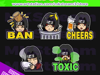 Twitch emotes Uchiha Itachi ban, trash, cheers, sip & toxic pack akatsuki anbu animated emotes anime cheers cute design emote emotes illustration itachi itachi emotes naruto naruto emotes ninja ninja emotes sasuke sub badge susanoo twitch emotes