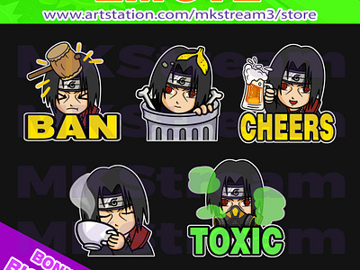 Twitch emotes Uchiha Itachi ban, trash, cheers, sip & toxic pack akatsuki anbu animated emotes anime cheers cute design emote emotes illustration itachi itachi emotes naruto naruto emotes ninja ninja emotes sasuke sub badge susanoo twitch emotes