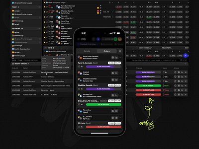 Mollybet: Recent orders analytics app bookmaker dark desktop gambling interface ios mobile modern neon order product design sportbook sports trade trading ui ux user interface web