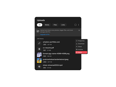 Uploads app column component design design system figma file landing page links list media menu minimalist modal popover ui ui design ui kit uploads widget