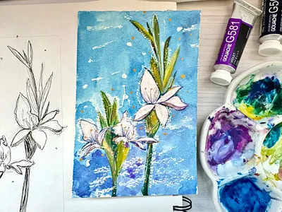 Glaïeul - Gladiolus 🌺 - L'alphabet de mon jardin 2024 art blue contemplation floral flower garden glaïeul gladiolus gold golden gouache green happy illustration magical natasha gonzalez nature peaceful poetic traditional artist violet