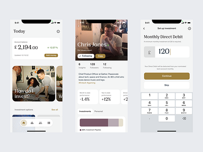 Gather — Investment Dashboard amount app currency dashboard design fintech grid input investment mobile product design profile screens tiles ui ux