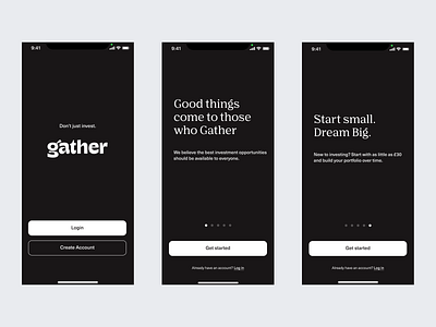 Gather — Welcome & Onboarding app design fintech getting started investment mobile onboarding product design screens ui ux welcome