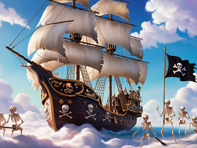 A pirate ship sailing through a sea of clouds illustration