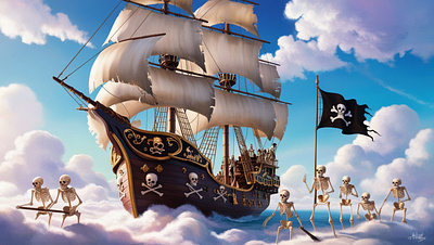 A pirate ship sailing through a sea of clouds illustration