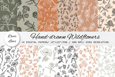 Collection of hand-drawn wildflowers patterns collection contour line flowers illustration meadow paper pattern seamless sketch summer textile wallpaper wildflower wrapping