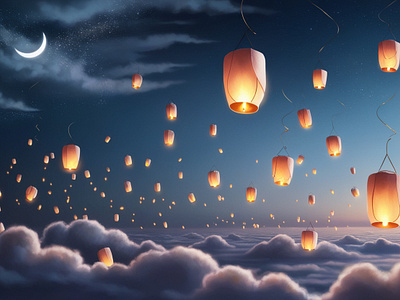 A night sky filled with floating lanterns illustration