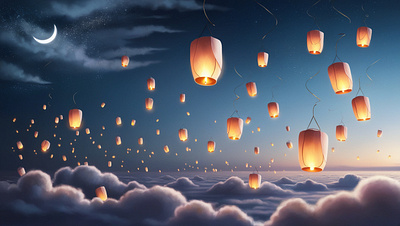 A night sky filled with floating lanterns illustration