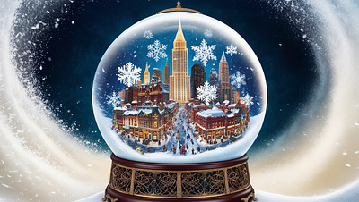 A city inside a giant snow globe illustration