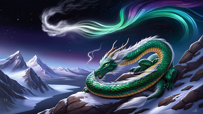 A dragon curled around a mountain peak illustration