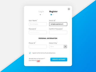 Light Register form brand branding create account form graphic design icons deesigners illustration inputs light color scheme login sign in sign up register password confirm password personal information phone number photoshop psd print designer select city senior designer typo typography ui ui ux designer user name emaid id