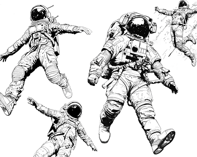 Astronauts. Ink drawing style. Design for prints. astronaut astronaut in space astronaut sketch black and white black ink cosmic art ink drawing line art space art space illustration space ink drawing