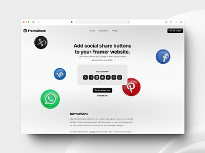 Social Share Widget component facebook framer integration linkedin modal modern no code pinterest share widget social social buttons social share twitter ui whatsapp widget