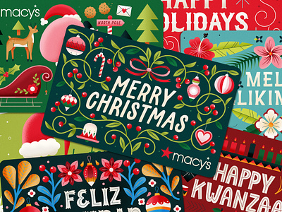 Macy's holiday gift cards card design christmas feliz navidad floral gift card giftcard hanukkah holiday holiday gift card illustration kwanzaa macys mele kalikimaka merry christmas ornaments reindeer richmond richmond va santa winter