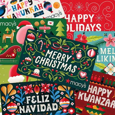 Macy's holiday gift cards card design christmas feliz navidad floral gift card giftcard hanukkah holiday holiday gift card illustration kwanzaa macys mele kalikimaka merry christmas ornaments reindeer richmond richmond va santa winter