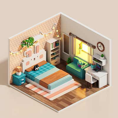 Bunny Room 3d cute isometric kawaii room voxel voxelart