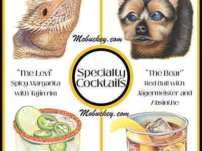 Wedding Cocktail Menu with Pet Portraits | Gouache Illustration animal art artist artwork bearded dragon commission dog drink engagement food freelance gouache illustration illustrator menu paint painting pet watercolor wedding