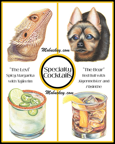 Wedding Cocktail Menu with Pet Portraits | Gouache Illustration animal art artist artwork bearded dragon commission dog drink engagement food freelance gouache illustration illustrator menu paint painting pet watercolor wedding