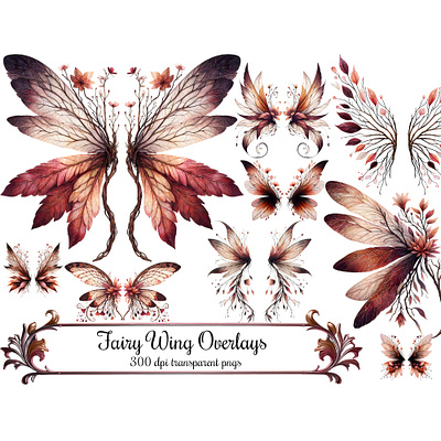 Woodland Fairy Wing Overlays, Transparent png Clip Art burgundy peach clip art files fairy wings png wing overlays vintage style woodland nature theme