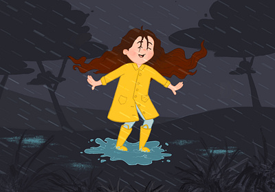 A Girl Playing in the Rain digital art digital painting girl graphic design happy illustration procreate rain tree yellow yellow jacket