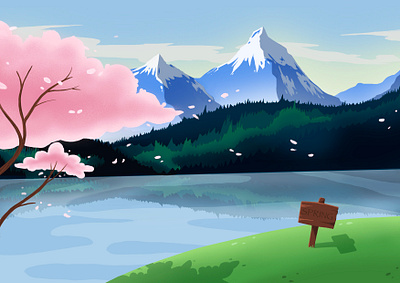 A Spring Landscape with Cherry Blossoms and Mountains blossoms cherry digital art digital painting graphic design illustration lake landscape mountains procreate river spring