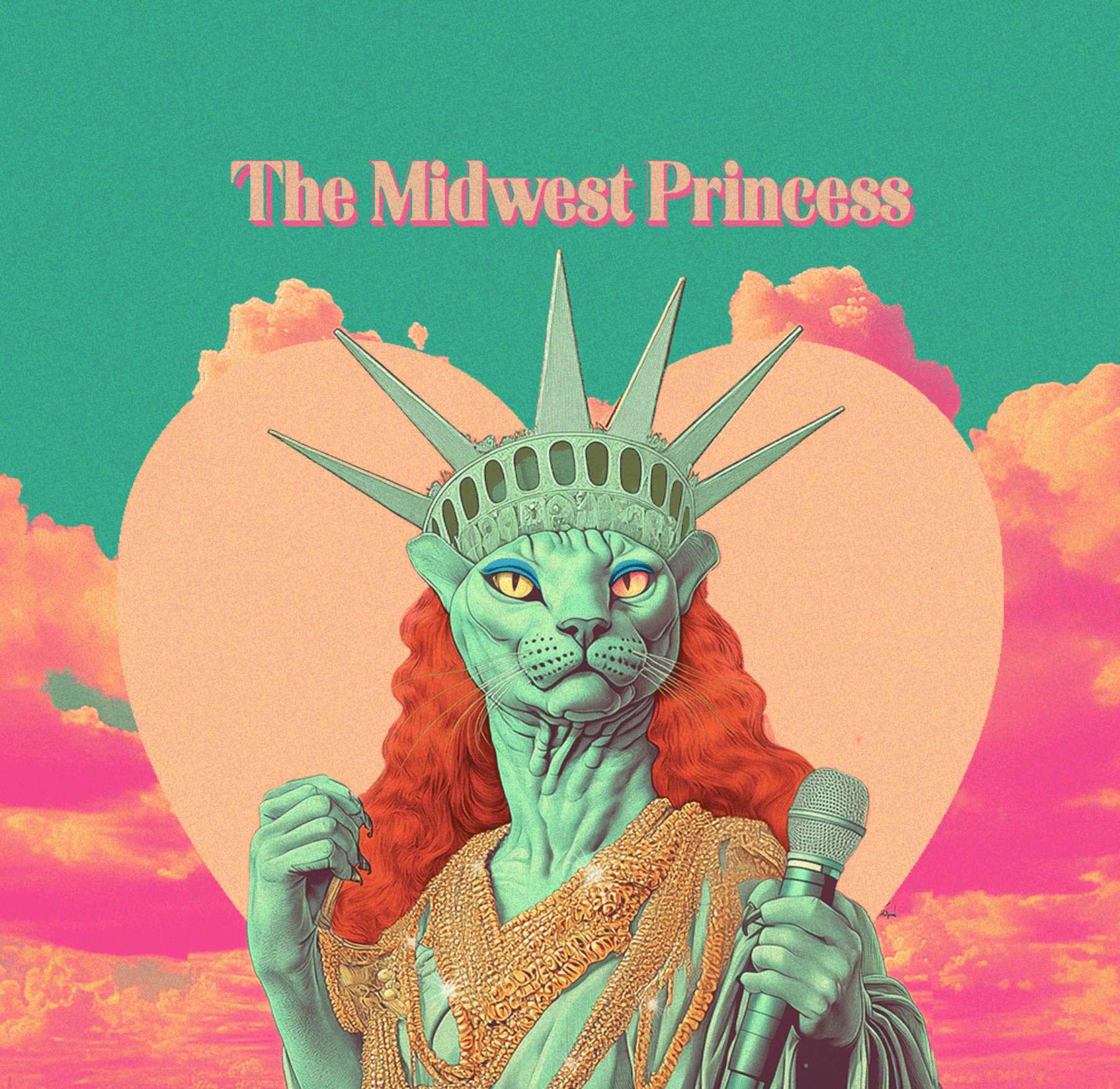 ChapPurr Roan branding cat chappell roan color halftone dreamy graphic design illustration midwest music pink and teal pop art pop star poster design princess retro singer sphynx cat statue of liberty surrealist vintage