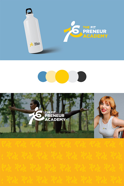 THE FIT PRENEUR ACADEMY LOGO blue color theory creative cute fitness fitness brand fitness logo graphic design great gym logo human logo design minimal logo professional quick logo swirl typography white yellow yellow and black logo