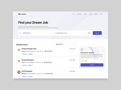 Lunastra Job Platform blue dashboard job ui ux web white