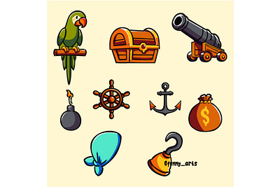 Pirates Cute Doodle Collection adventure cannon cartoon character clip art cute decoration doodle elements hat icon items marine parrot piracy pirate pirates sea set treasure