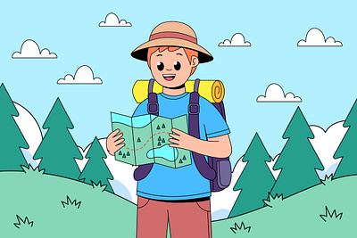 Adventure adventure backpack cartoon character colorful design graphic design happy hill illustration landscape man map nature people smile travelling