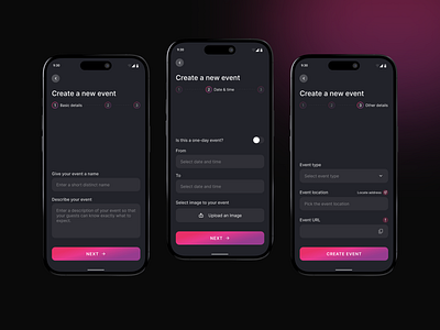 Create Event Flow - Event Flairs app design clean design create event date and time event creation process event details event management app event planner event planning app intuitive interface ios app minimalist design mobile app ui design user friendly ux design