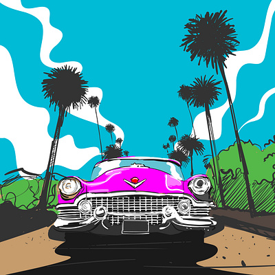 Riding With Pink Classic Car Poster car classic illustration sky vintage