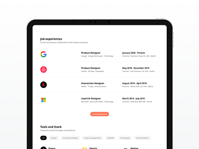 Experience and stack listings · Resume · Chronicle apple bento category design experience grid header icon interaction ipad layout list logo mockup notion portfolio resume template tools ui