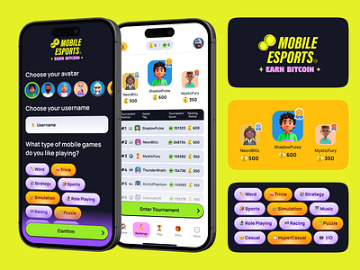 Mobile Esports - Earn Bitcoin app avatar bitcoin bright casual chip cryptocurrency esports game gamification leaderboard login platform play play to earn ranking reward selection tournament