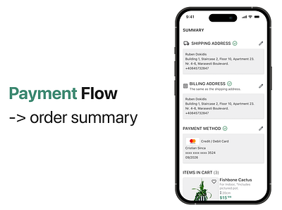 Payment Flow -> iOS E-commerce app design -> Order Summary cart discount code e commerce ecommerce ecommerce plant shop ios ios app ios app design my cart order summary pay now payment payment flow plant shop shipping